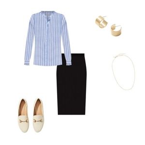 NWT LOFT Large White and Blue Striped Blouse